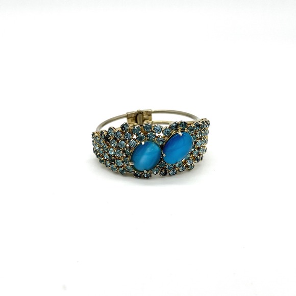 Vintage Blue Rhinestone Bracelet Cuff Bangle‎ Hinged Statement Jewelry - Picture 1 of 6